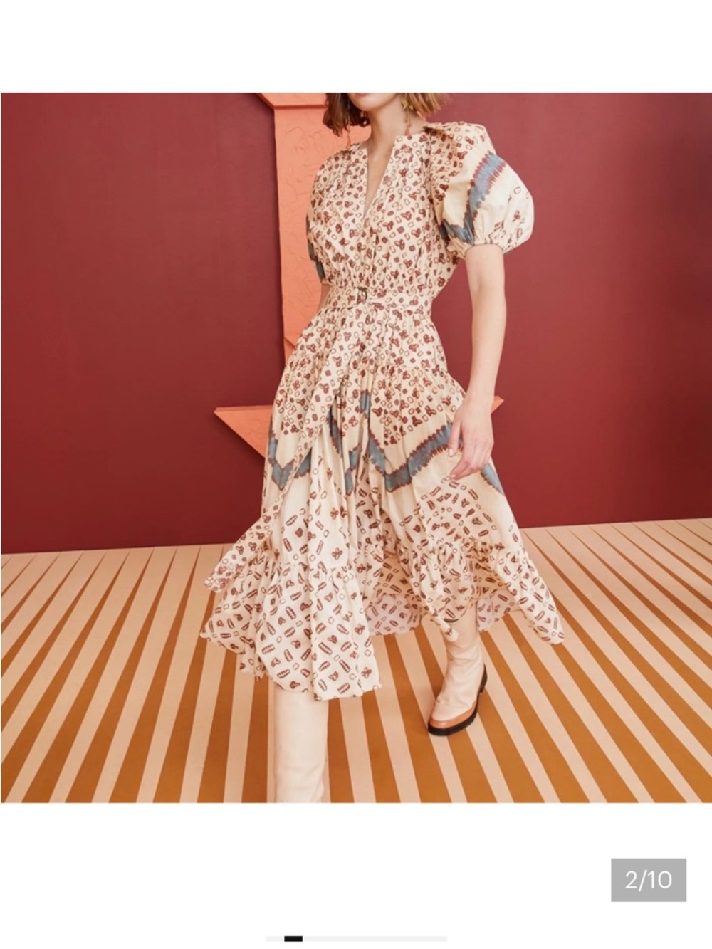 Ulla Johnson Josefina Cream Printed Puff-Sleeve Midi Dress with Blue Accents